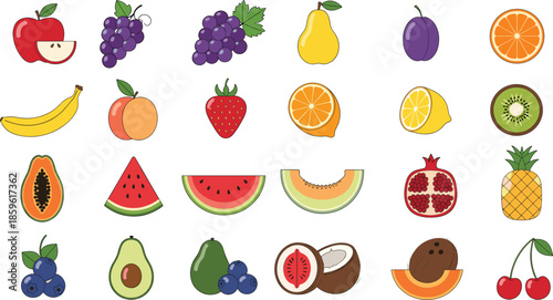 Large set of fresh organic fruits and berries including apple orange banana strawberry watermelon pineapple and grapes isolated vector illustration
