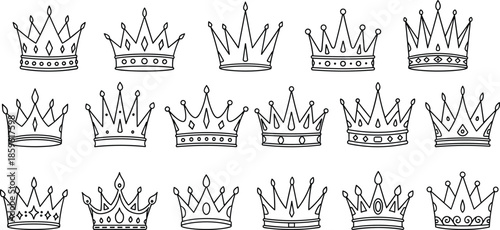 Royal crown icon set, black and white vector crowns, monarchy symbols, elegant regal design elements, silhouette style - flat vector illustration