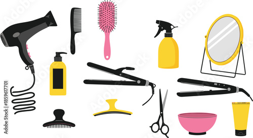 Hair styling tools and accessories set, salon equipment, grooming items, comb, dryer, scissors, mirror - flat vector illustration
