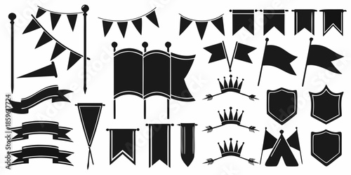 A collection of black and white heraldic flags banners and royal emblems
