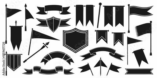 A collection of black and white heraldic flags banners and shield designs