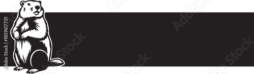 Whimsical groundhog peeking from behind a black banner on white background
