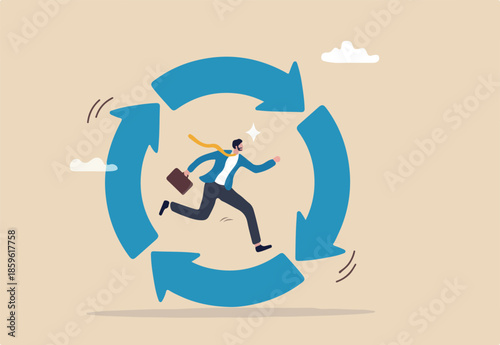 Working habit, life cycle or daily routine behavior, agile development, discipline or working efficiency, procedure or process to success concept, businessman running on habit circle arrow diagram.
