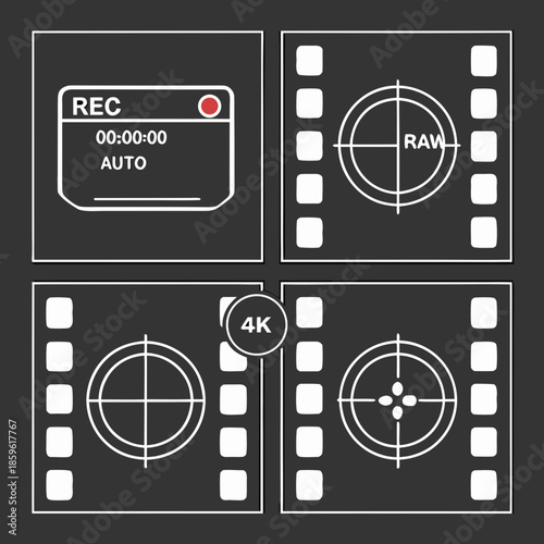 Film reel with recording indicators and 4k resolution display illustration