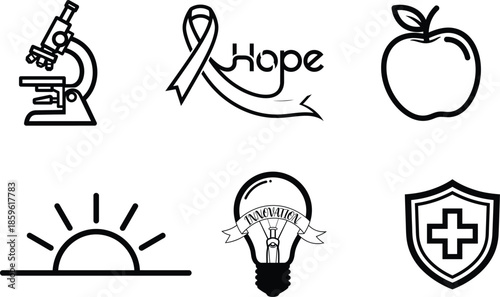 Black line icons of microscope hope apple sunrise light bulb and medical shield on white