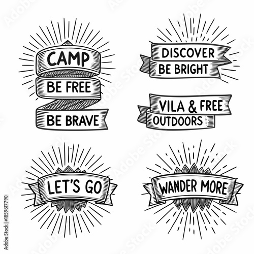 Vintage camping badges with inspirational quotes and sunburst designs