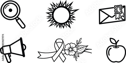 Collection of line icons including magnifying glass sun envelope megaphone awareness ribbon with flower and apple