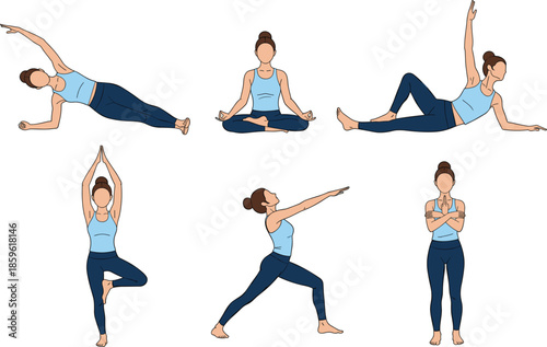 Faceless female character performing various yoga asanas including tree pose warrior pose and meditation for health and wellness vector