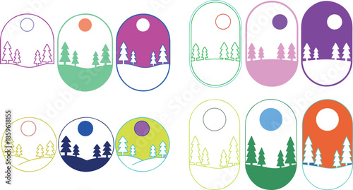 colorful winter landscape icons with trees and sun