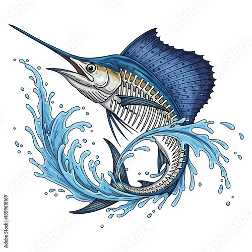 Sailfish skeleton jumping out of water with blue splashes vector illustration