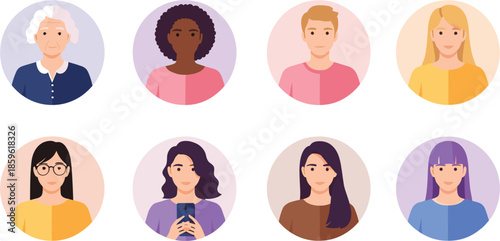 diverse people avatars featuring men and women of different ages and ethnicities in colorful circular frames vector illustration