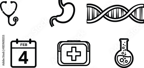 Medical and health icons set including stethoscope DNA calendar