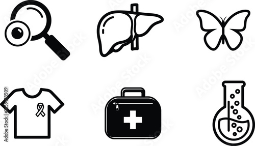 Medical and science icons including liver and first aid kit
