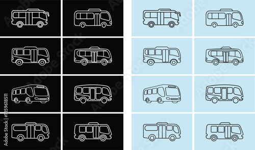 Mini Bus logo, Icon Set – Public Transport Van Line Art Collection on Dark and Light Backgrounds
