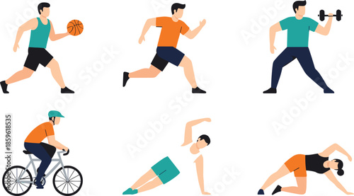 Diverse set of people engaged in various fitness activities including basketball running weightlifting cycling and yoga stretching vector illustration