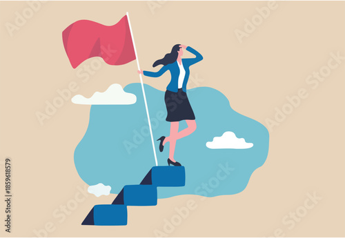 Success female entrepreneur, woman leadership or challenge and achievement concept, success businesswoman on top of career staircase holding winning flag looking for future visionary.