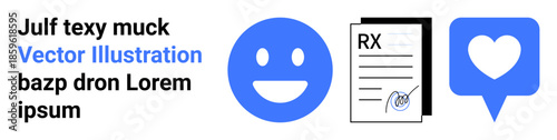Healthcare, communication, wellness, medical records, connectivity, online services. Smiling face, prescription form and heart icon on white background. Healthcare and communication