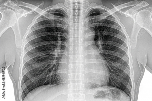 Chest X-ray showing the rib cage, spine, and lung fields, used to assess respiratory and skeletal structures