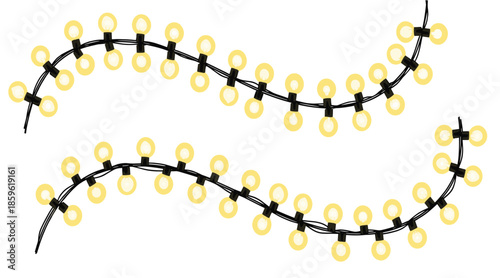 Set of glowing yellow string lights with black wire featuring hanging incandescent light bulbs for festive party wedding and holiday decoration