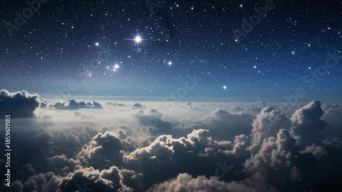 Starry night sky above dramatic cloudscape with bright celestial bodies shining over a tranquil atmospheric horizon, 4k video