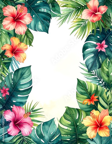Tropical floral frame with vibrant hibiscus and palm leaves