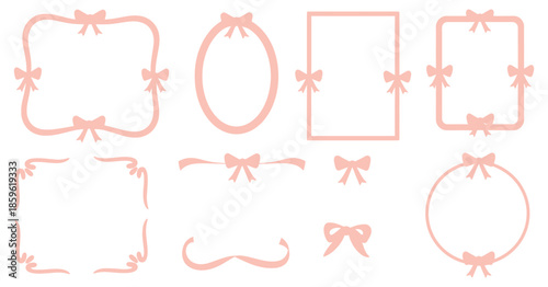 Vector decorative frames with elegant corners and ribbon elements in soft pink color, ornamental shapes for invitations, branding, greeting cards, and feminine graphic design.