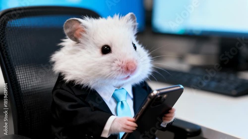 Adorable white hamster in business suit using smartphone at modern office desk with chair and paperwork in corporate workspace, 4k video