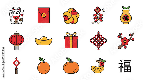 A set of colorful icons depicting Chinese New Year and Chinese Lantern Festival symbols, including lampions, angpao, oranges, and other traditional decorations, arranged on a clean white