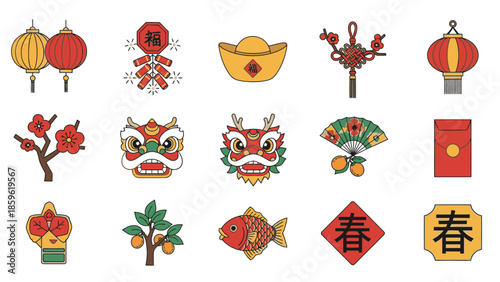 A colorful icons set featuring Chinese New Year and Chinese Lantern elements, including Lampion, angpao, and other festive symbols arranged on a clean white background.