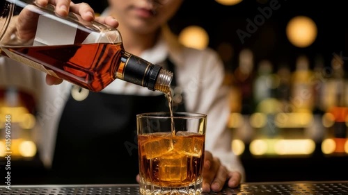 Bartender pouring whiskey over ice cubes into a glass at a dimly lit bar counter with warm ambient bokeh lights in background, 4k video