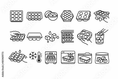 Collection of ice cube tray icons: usage, types, storage, and symbolic actions