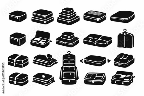 Diverse travel bags collection with suitcases backpacks and organizers silhouettes