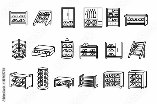 Collection of various shoe storage racks, cabinets, and organizers in black and white line art