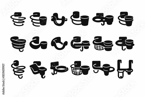 Collection of black bathroom accessory icons with modern designs