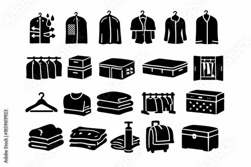 Black wardrobe icons collection: clothes storage and organization solutions