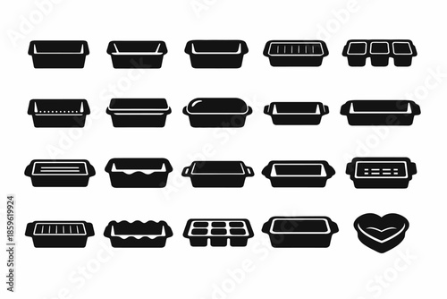 Various black silhouettes of baking pans and cake molds in neat arrangement