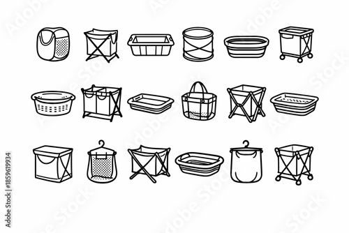 Collection of various laundry baskets and hampers in black line art style