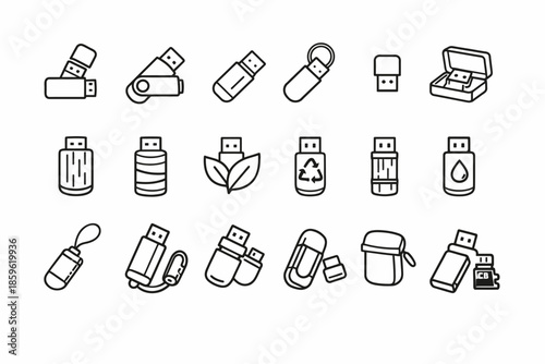 Icon set of usb flash drives with varied designs and features