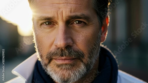 Mature man with gray beard gazing confidently at camera in soft sunset light on an urban street, 4k video