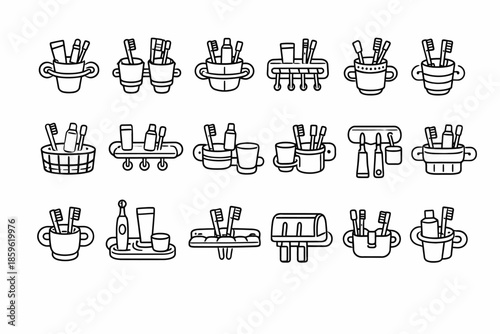 Collection of various toothbrush holders in simple line art