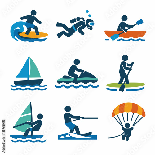 Collection of water sports icons: surfing, diving, kayaking, sailing, jet skiing, paddleboarding, windsurfing, water skiing, parasailing