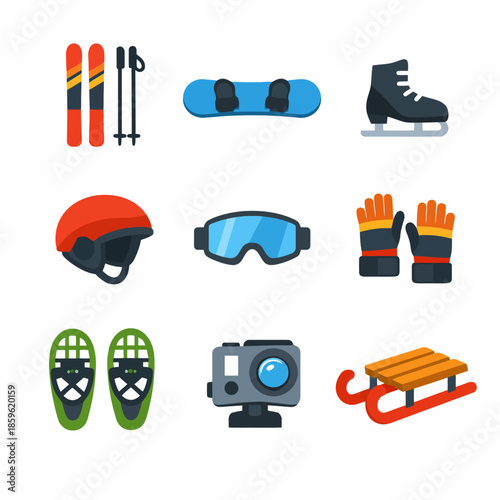 Winter sports equipment collection: skis, snowboard, skates, helmet, goggles, gloves, snowshoes, camera, sled