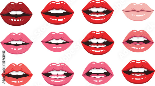 Set of colorful female lips with white teeth showing expressive open mouth smiles in various red and pink lipstick shades isolated vector illustration