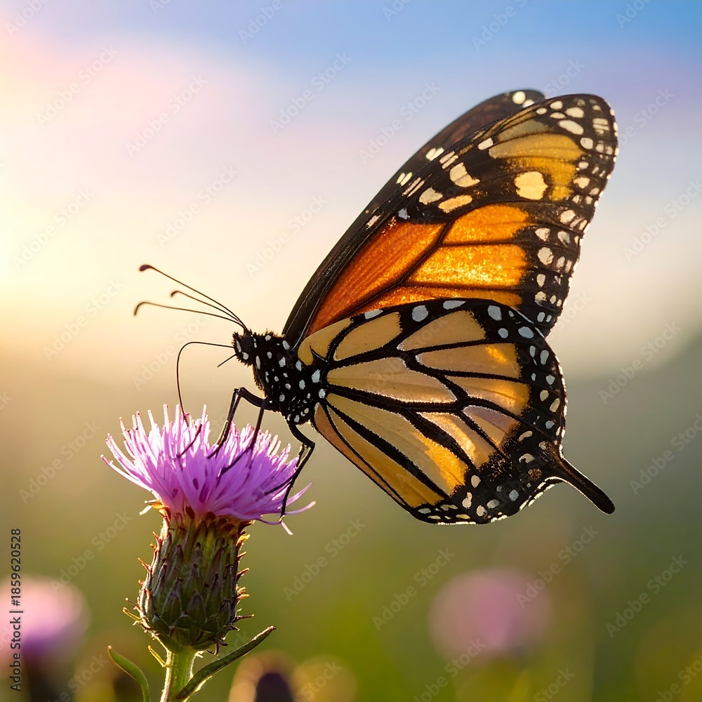 Fototapeta premium Monarch butterfly on a thistle flower at sunrise