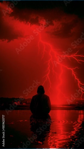 Depressed hooded figure standing in water, observing intense red lightning strikes and dark clouds