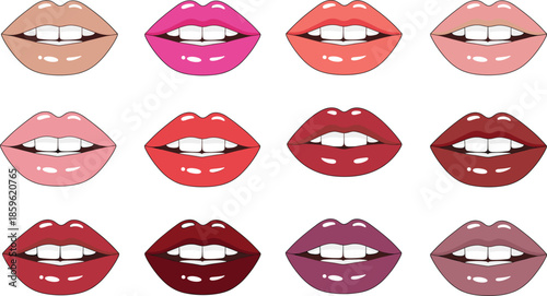 Set of female lips with white teeth showing expressive smiles in various nude red and purple lipstick shades vector illustration