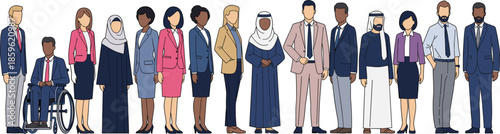 Diverse global business team standing together including professionals in hijabs traditional thobe and person in wheelchair isolated vector