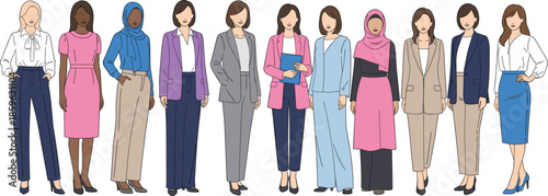 Diverse group of professional business women standing together in formal office attire including hijabs and corporate suits vector illustration