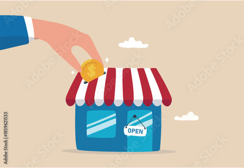 Funding small business, backing startup project or banking loan to start new business, investment or saving to open new shop concept, businessman hand funding by put coin into small business store