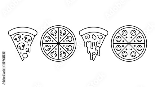 Minimalist black and white line art icons featuring whole pizzas and single slices with various toppings.